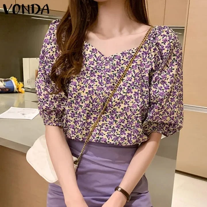 VONDA Women Floral Shirts Oversized Pullover Elegant Blouse Tops Puff Sleeve Tunic Tee S4567432 One Shoulder Top VONDA Women Floral Shirts Oversized Pullover Elegant Blouse Tops Puff Sleeve Tunic Tee S4567432 One Shoulder Top