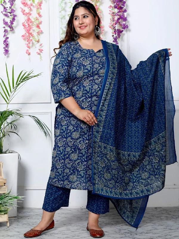 Swasti Plus Size Floral Printed Sequinned Pure Cotton Kurta With Trouser & Dupatta Trousers fashionable chic