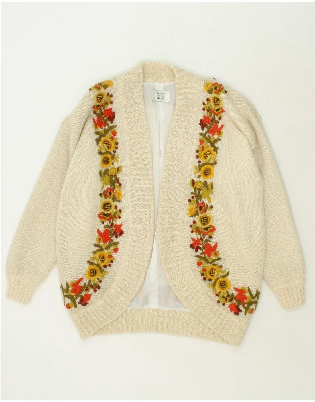 VINTAGE Womens Cardigan Sweater UK 14 Medium Off White Floral Chenille Brocade Lace