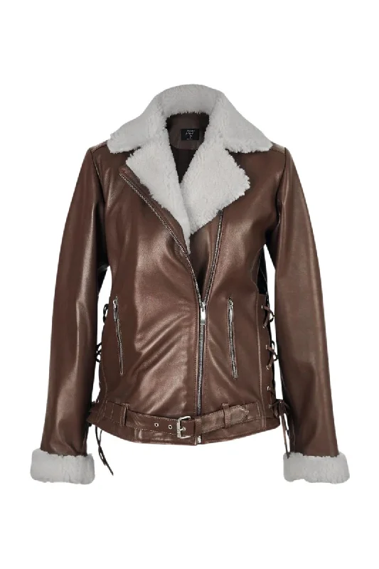 GAIA SHEARLING CAMEL LEATHER JACKET Hooded Jacket Caped Jacket Shawl Collar Jacket