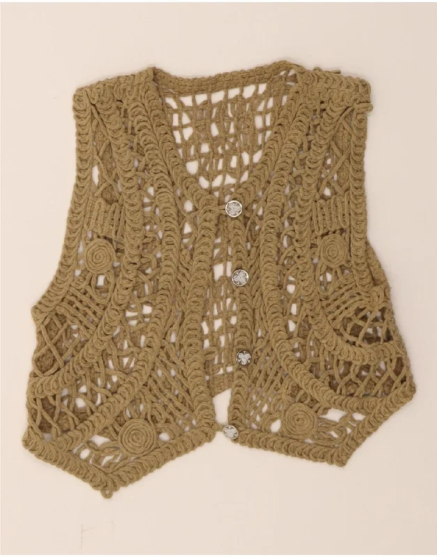 VINTAGE Womens Sleeveless Crochet Cardigan Top UK 10 Small Beige Zippered Buttoned Snapped VINTAGE Womens Sleeveless Crochet Cardigan Top UK 10 Small Beige Zippered Buttoned Snapped