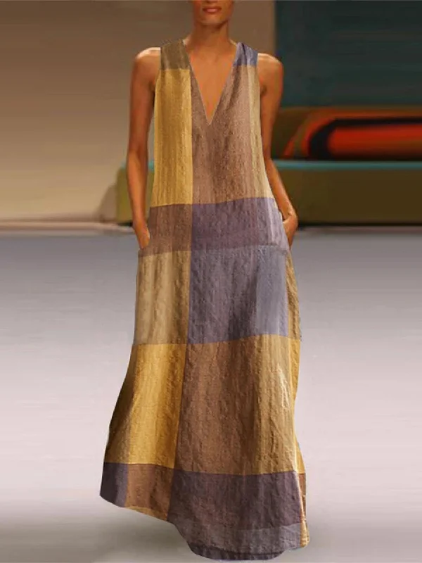 V-neck Pullover Plaid Contrast Color Sleeveless Loose Vest Dress Sarouel Sleeve Pullover V-neck Pullover Plaid Contrast Color Sleeveless Loose Vest Dress Sarouel Sleeve Pullover