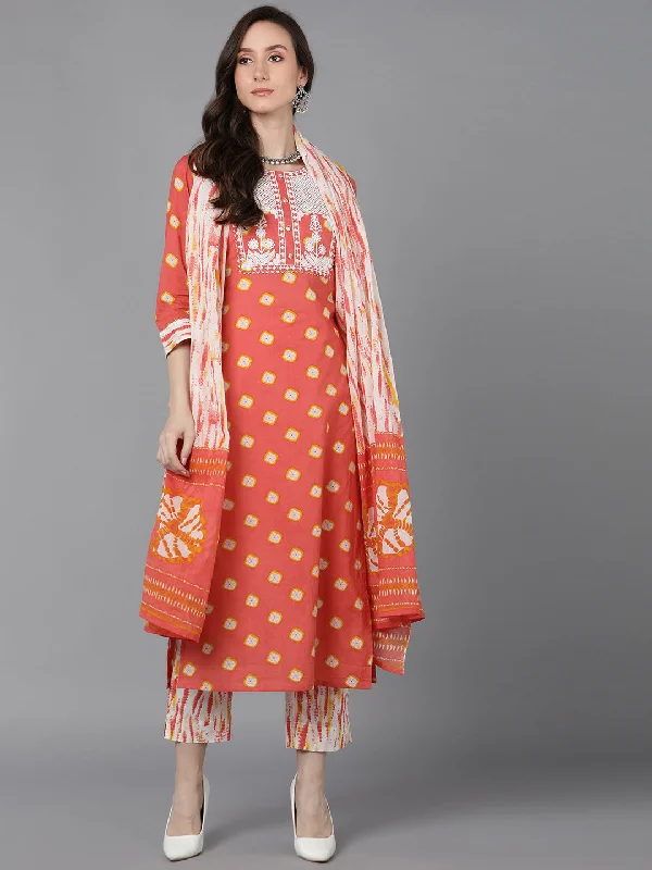 Women's Orange Rayon Blend Bandhani Embroidered Straight Kurta Trousers With Dupatta - Ahika Trousers Silk Elegant Women's Orange Rayon Blend Bandhani Embroidered Straight Kurta Trousers With Dupatta - Ahika Trousers Silk Elegant