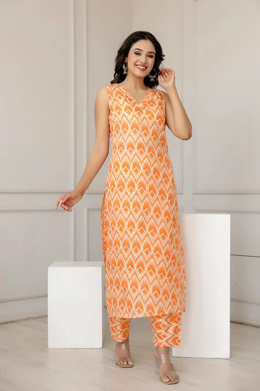 Women Orange Color Printed Straight Kurta With Trouser - Rasiya Trousers Capri Summer Women Orange Color Printed Straight Kurta With Trouser - Rasiya Trousers Capri Summer