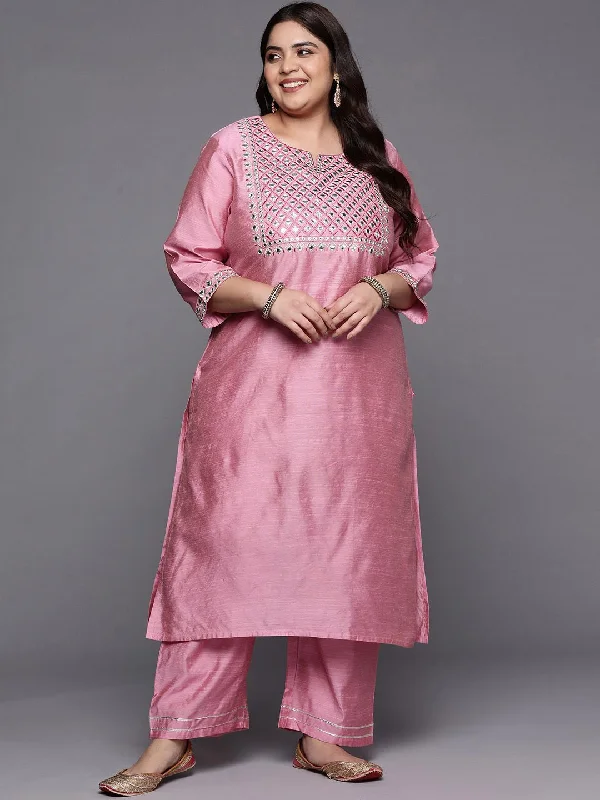 Sztori Plus Size Geometric Embroidered Mirror Work Straight Kurta with Trousers Trousers Custom Made