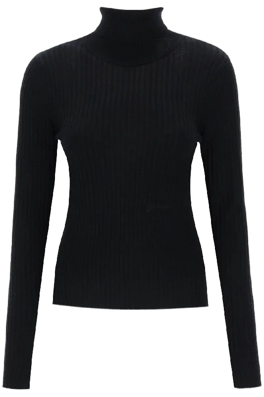 Turtleneck Sweater With Back Cut Out  - Nero Denim Fabric Leather Fabric Suede Fabric