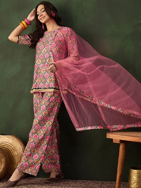 Sangria Printed Straight Kurta & Trouser With Dupatta Wide Leg Loose Fit Mid Waist