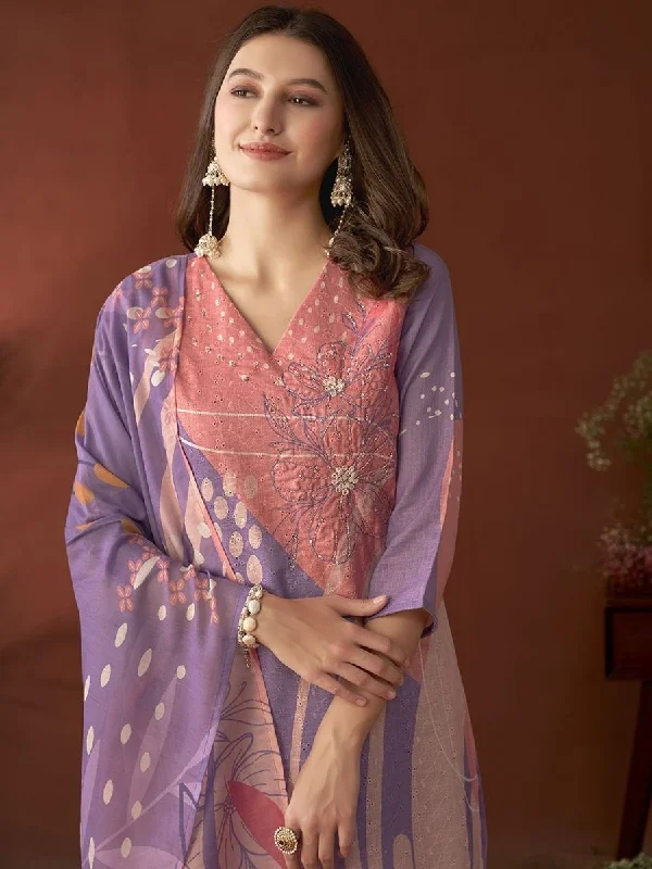 Anouk Lavender Floral Embroidered Beads & Stones Linen Kurta with Trousers & Dupatta Trousers Evening Elegant