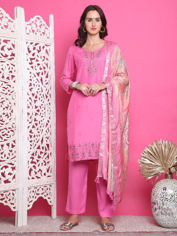 Jyoti Fashion Women's Pink Muslin Floral Resham Embroidery Kurta with Trouser & Dupatta Trousers Print Floral Jyoti Fashion Women's Pink Muslin Floral Resham Embroidery Kurta with Trouser & Dupatta Trousers Print Floral