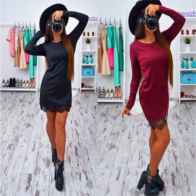 autumn summer lace women dress fashion long sleeve black red elegant dress casually Bodycon vestidos plus size