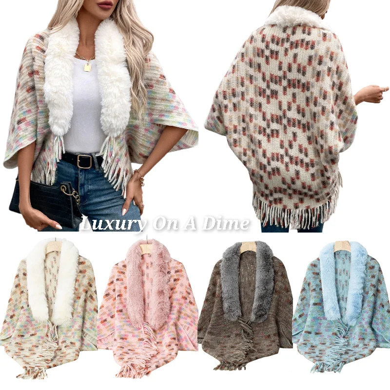 Plush Faux Fur Retro Fringe Hem Open Front Oversized Poncho Knit Cardigan Fleece Cardigan Nylon Polyester