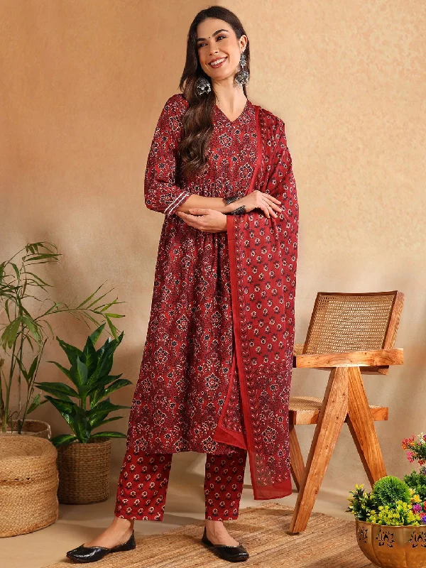 Women's Red Rayon Blend Floral Printed A-Line Kurta Trouser With Dupatta - Ahika Trousers Mesh Breathable Women's Red Rayon Blend Floral Printed A-Line Kurta Trouser With Dupatta - Ahika Trousers Mesh Breathable