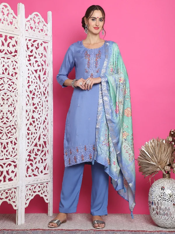 Jyoti Fashion Women's Blue Muslin Floral Resham Embroidery Kurta with Trouser & Dupatta Trousers Running Lightweight Jyoti Fashion Women's Blue Muslin Floral Resham Embroidery Kurta with Trouser & Dupatta Trousers Running Lightweight