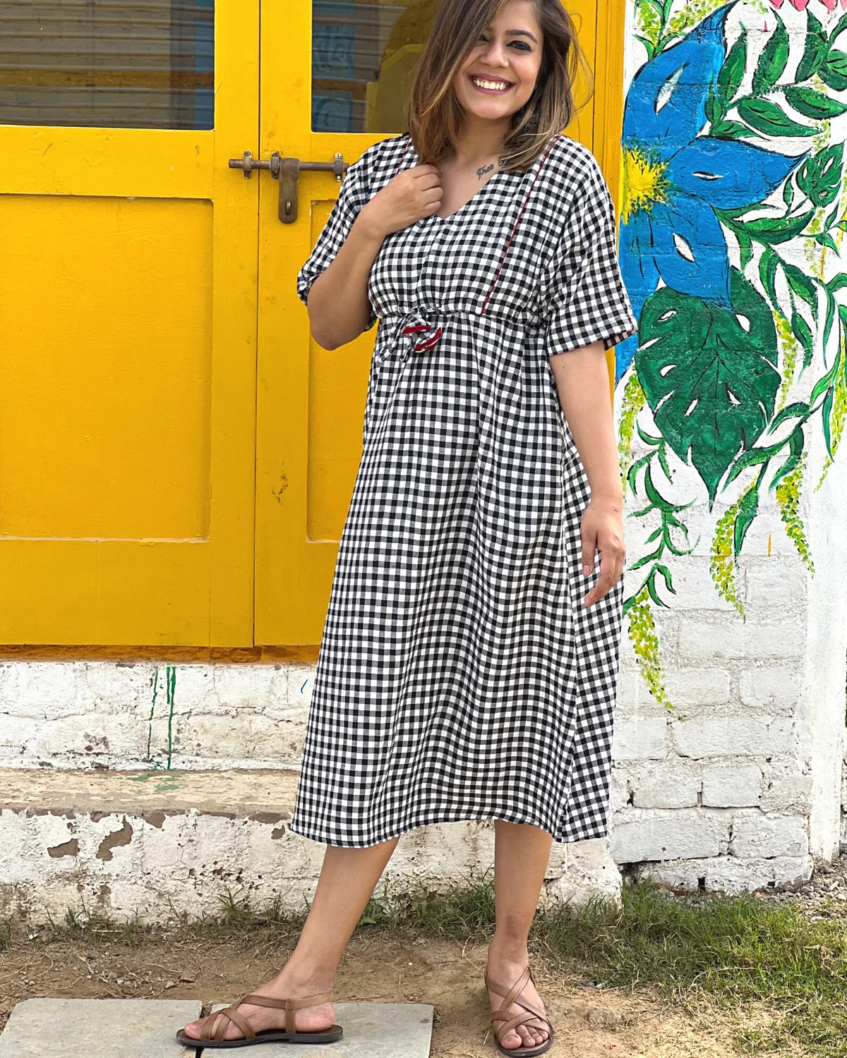 Women's A-Line Gathered Checks Dress