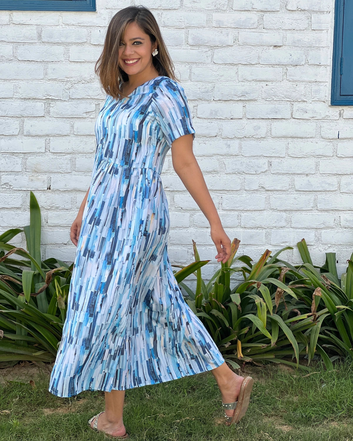 Froze Blue Gathered Crepe Dress