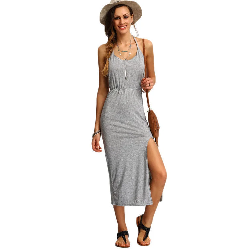 COLROVIE Halter Sleeveless Backless Side Split Sheath Long Beach Ladies Cotton Dresses Summer Dress
