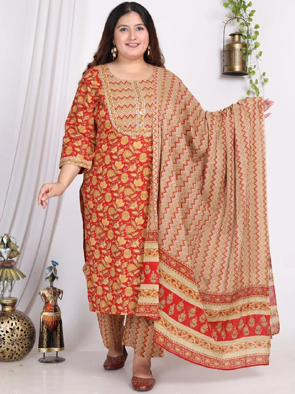 Swasti Plus Size Floral Printed Gotta Patti Pure Cotton Kurta With Trousers & Dupatta Trousers stylish elegant