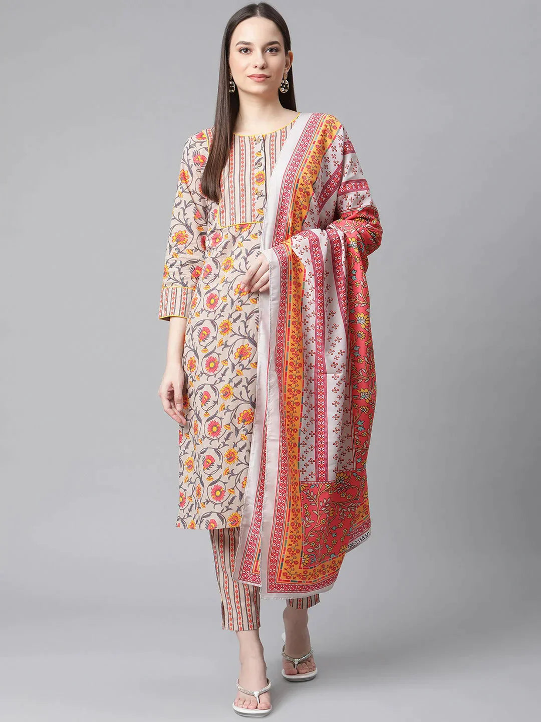 Women Grey & Peach Floral Pure Cotton Kurta With Trousers & Dupatta - Rasiya Trousers Exclusive Limited Women Grey & Peach Floral Pure Cotton Kurta With Trousers & Dupatta - Rasiya Trousers Exclusive Limited
