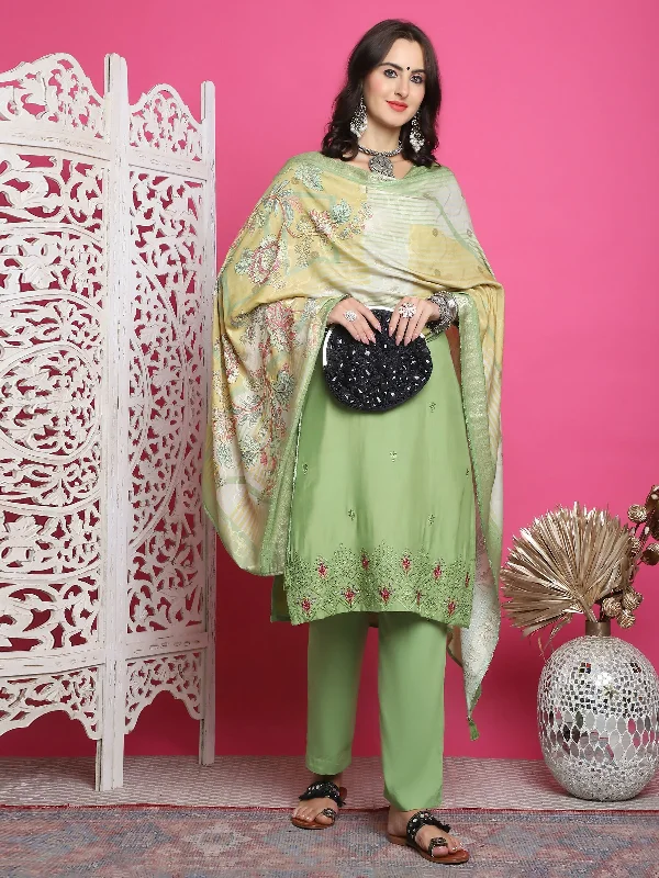 Jyoti Fashion Women's Green Muslin Floral Resham Embroidery Kurta with Trouser & Dupatta Trousers Seasonal Trendy Jyoti Fashion Women's Green Muslin Floral Resham Embroidery Kurta with Trouser & Dupatta Trousers Seasonal Trendy