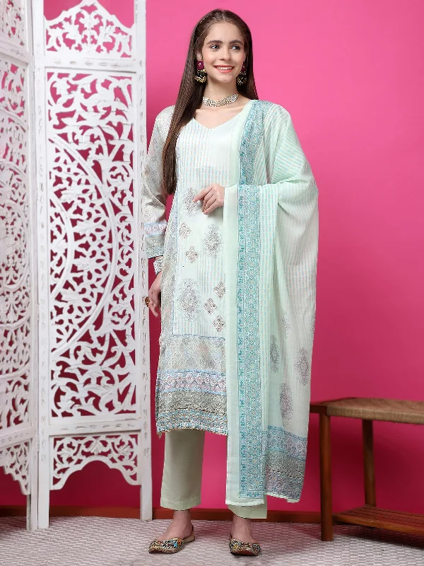 Jyoti Fashion Women's Pista Green Cotton Geometric Digital Print with Jari & Crystal Kurta with Trouser & Dupatta Trousers Leisure Comfortable Jyoti Fashion Women's Pista Green Cotton Geometric Digital Print with Jari & Crystal Kurta with Trouser & Dupatta Trousers Leisure Comfortable
