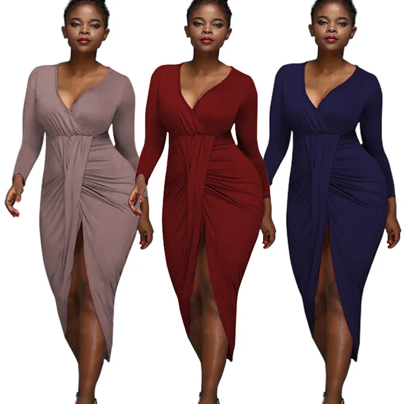 Nightclub Irregular Long-sleeved V-neck Dress +