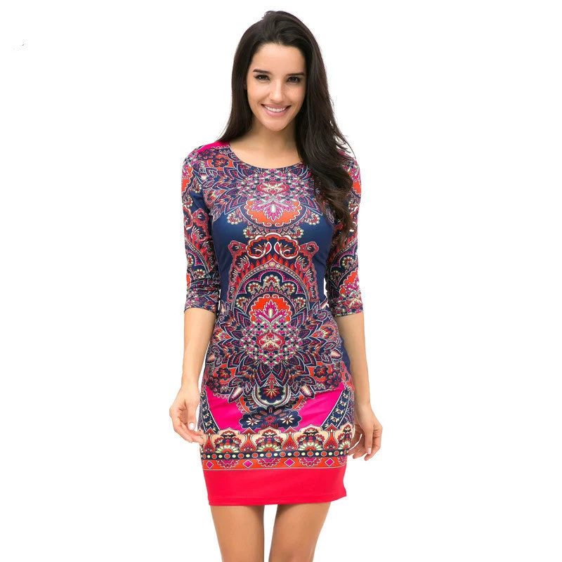Kaige.Nina Women's Vestidos Fashion Printing Style 5 Minutes Of Sleeve O-Neck No Decoration Sheath Mini autumn dress 1618