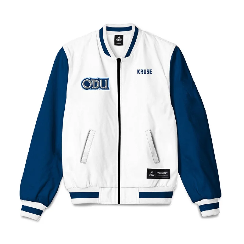 Old Dominion - NCAA Women's Rowing : Olivia Kruse - Bomber Jacket Denim Fabric Leather Fabric Suede Fabric Old Dominion - NCAA Women's Rowing : Olivia Kruse - Bomber Jacket Denim Fabric Leather Fabric Suede Fabric