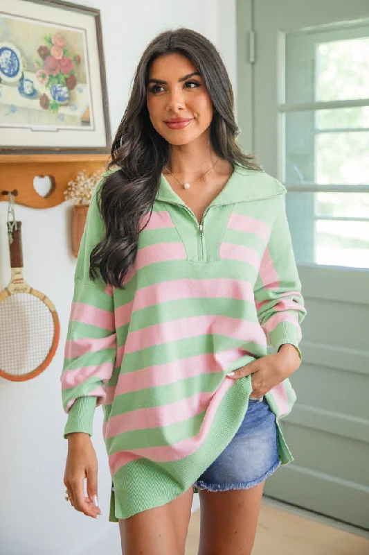 Pulling Heartstrings Green and Pink Striped Quarter Zip Pullover Wide Sleeve Pullover Pulling Heartstrings Green and Pink Striped Quarter Zip Pullover Wide Sleeve Pullover
