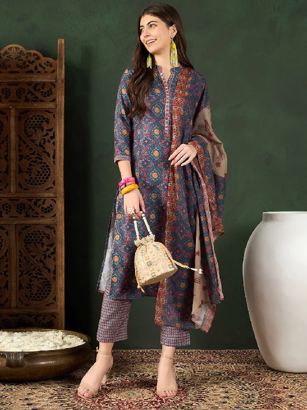 Women's Blue Poly Rayon Floral Printed Straight Kurta Trouser With Dupatta - Ahika Chinos Cotton Straight Leg Women's Blue Poly Rayon Floral Printed Straight Kurta Trouser With Dupatta - Ahika Chinos Cotton Straight Leg
