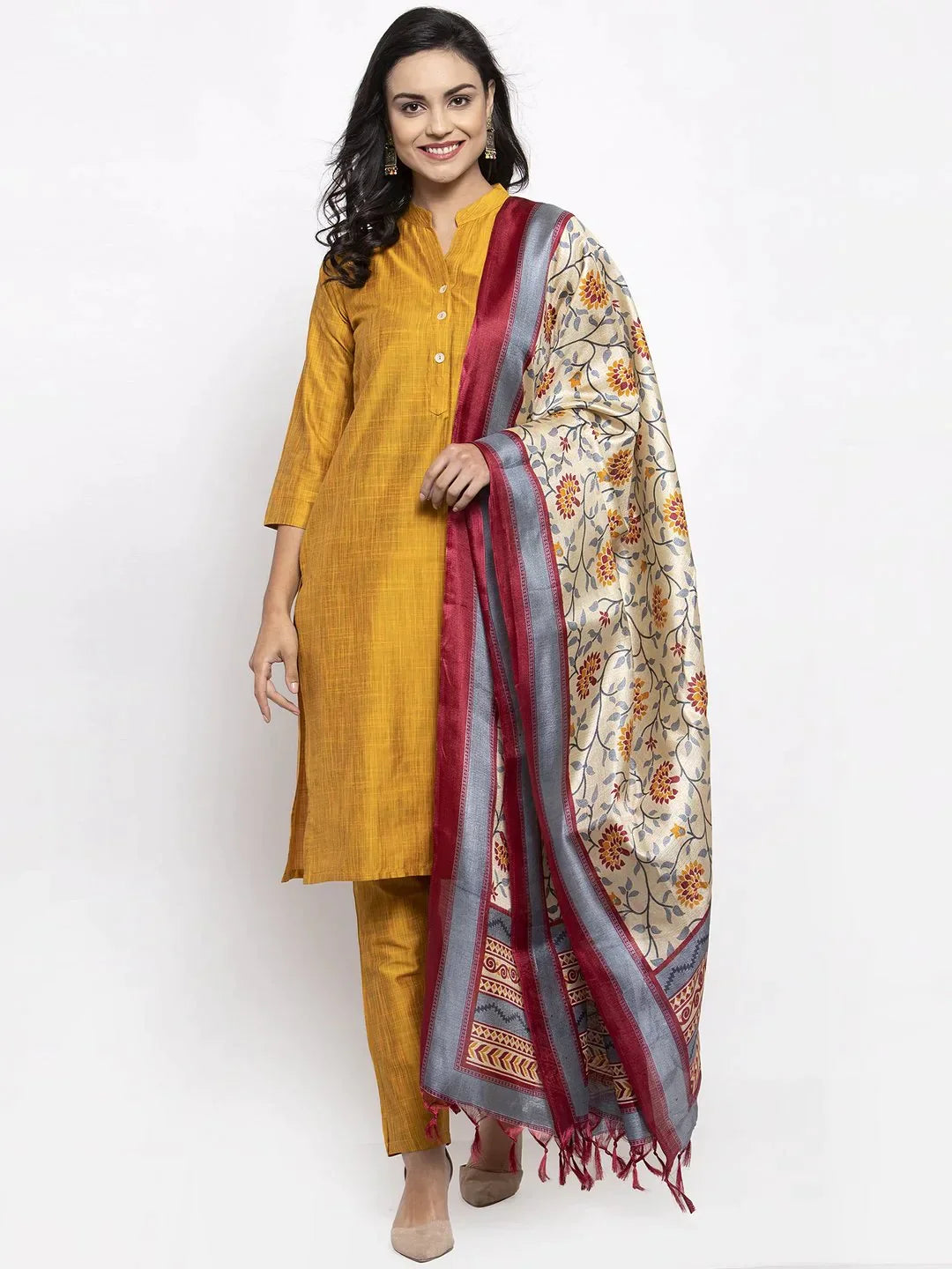 Women Yellow Self-Striped Kurta With Trousers & Art Silk Dupatta - Rasiya Trousers Bestseller Popular Women Yellow Self-Striped Kurta With Trousers & Art Silk Dupatta - Rasiya Trousers Bestseller Popular