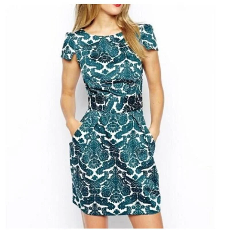 Women green Royal print Dress Vestidos Femininos De Festa vintage short sleeve casual slim brand dress plus size