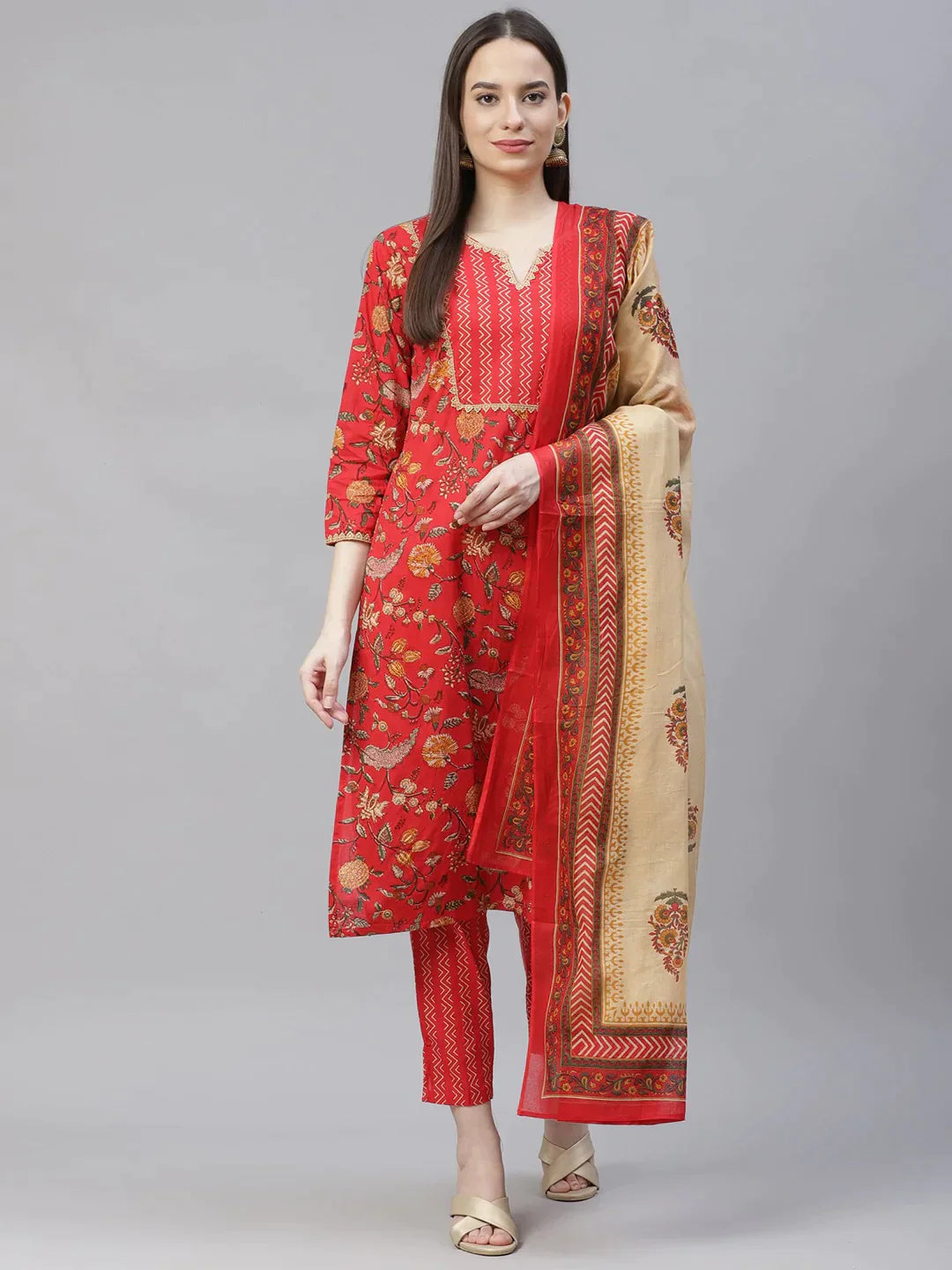 Women Red Ethnic Motifs Printed Regular Pure Cotton Kurta With Trousers & Dupatta - Rasiya Trousers Formal Black Women Red Ethnic Motifs Printed Regular Pure Cotton Kurta With Trousers & Dupatta - Rasiya Trousers Formal Black