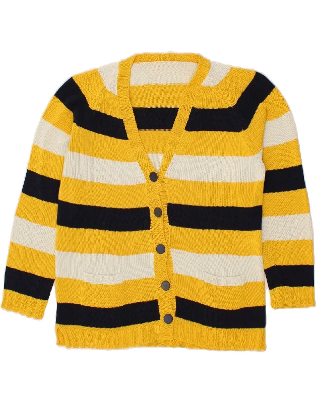 VINTAGE Womens Cardigan Sweater UK 16 Large Yellow Striped Patchwork Embroidered Appliqued