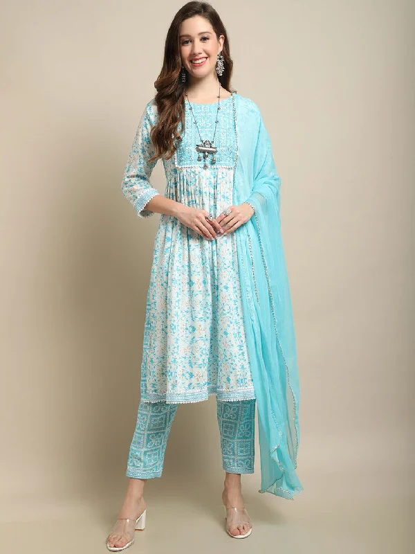 Sangria White & Blue Floral Printed Mirror Work A-Line Kurta With Trouser & Dupatta Trousers Harem Relaxed Fit