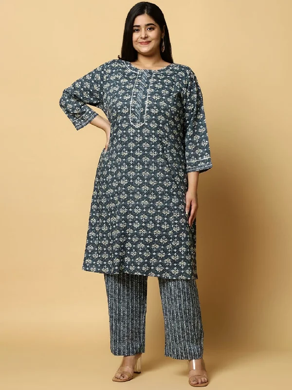 Sztori Plus Size Floral Printed Pure Cotton Straight Kurta With Trouser Trousers Summer Linen