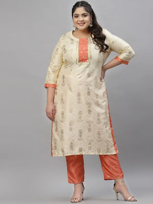 Sztori Plus Size Floral Printed Regular Kurta With Trousers Trousers Corduroy Warm