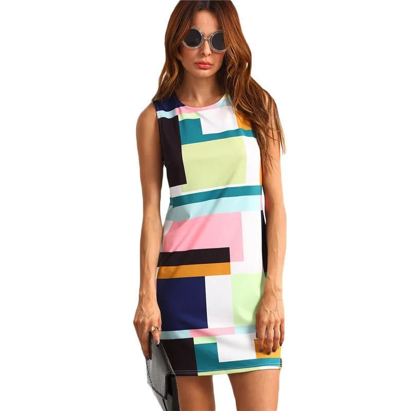 Summer Casual Dresses For Woman Ladies Multicolor Crew Neck Sleeveless Zipper Back Color Block Dress Summer Casual Dresses For Woman Ladies Multicolor Crew Neck Sleeveless Zipper Back Color Block Dress
