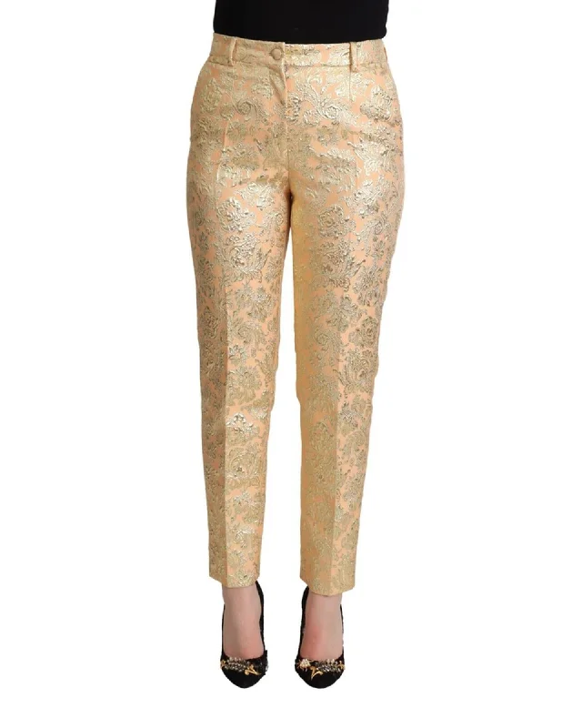 Dolce & Gabbana Floral Brocade Slim Fit Trousers - Peach Trousers versatile functional Dolce & Gabbana Floral Brocade Slim Fit Trousers - Peach Trousers versatile functional