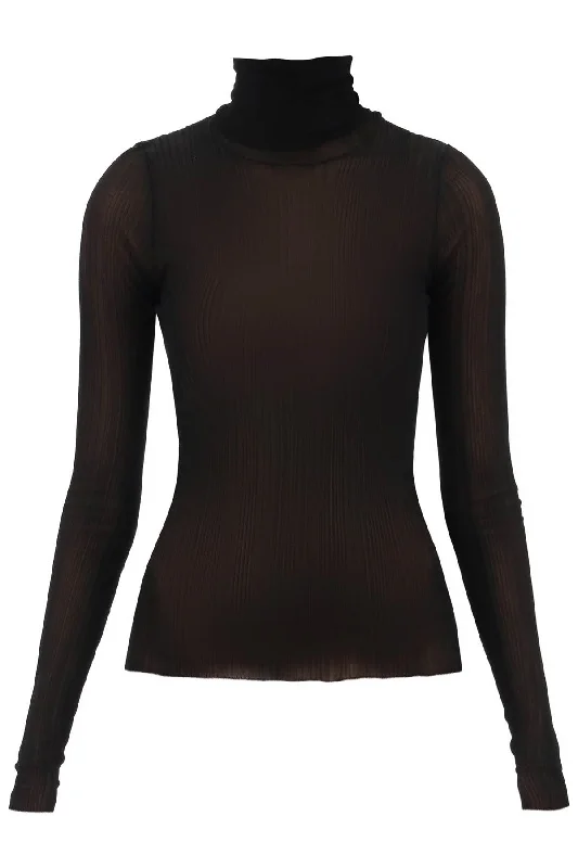 Turtleneck Sweater In Transparent Knit  - Black Front Pockets Side Pockets Patch Pockets