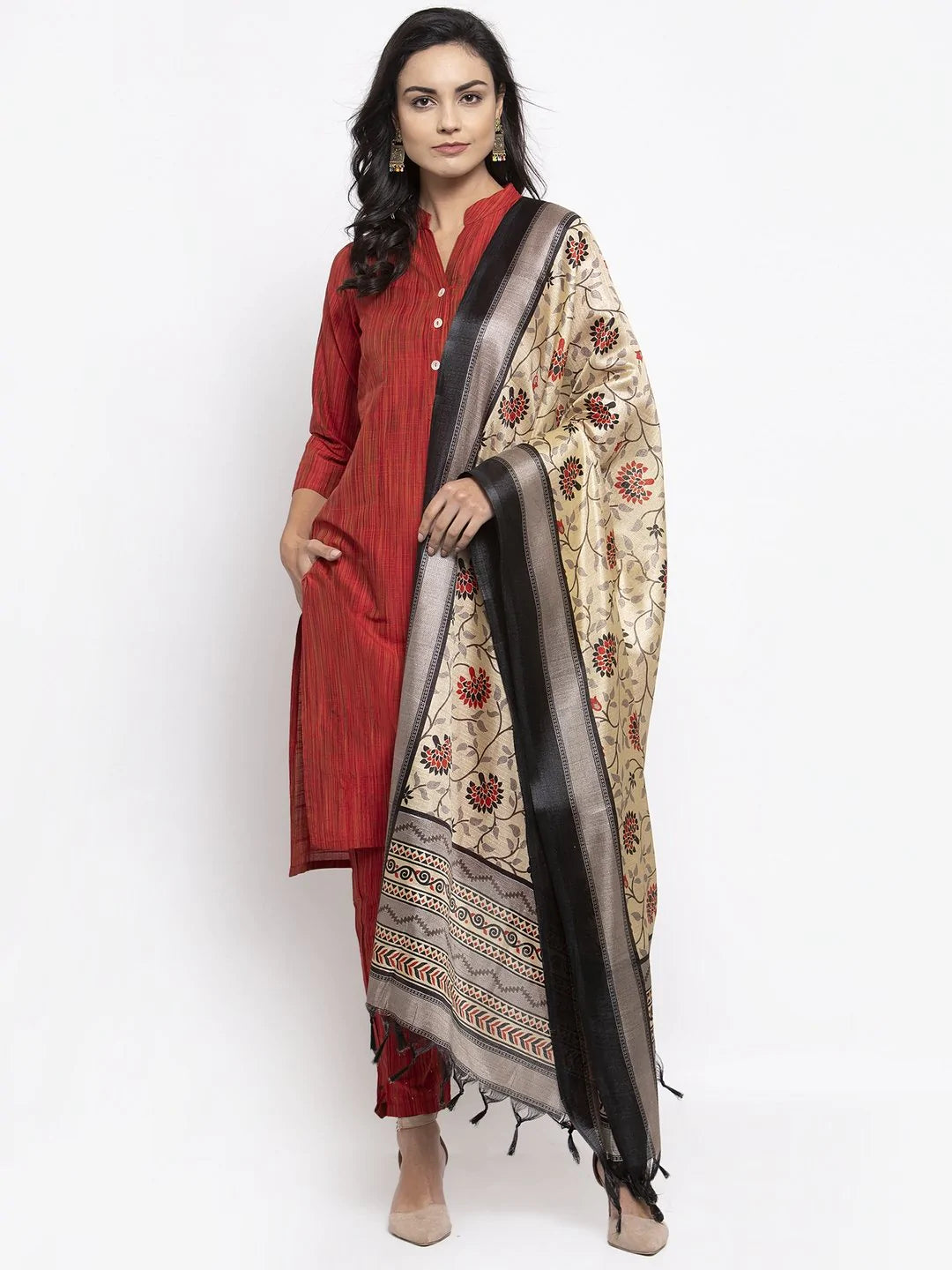 Women Red Self-Striped Kurta With Trousers & Art Silk Dupatta - Rasiya Trousers luxurious high-end Women Red Self-Striped Kurta With Trousers & Art Silk Dupatta - Rasiya Trousers luxurious high-end