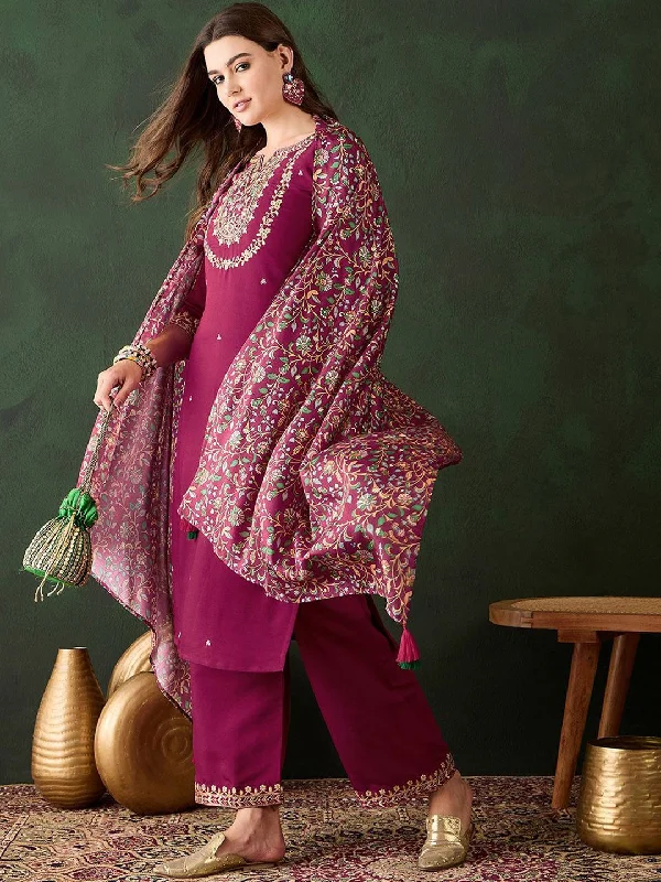 Sangria Embroidered Kurta & Trouser With Dupatta Chinos Cotton Straight Leg