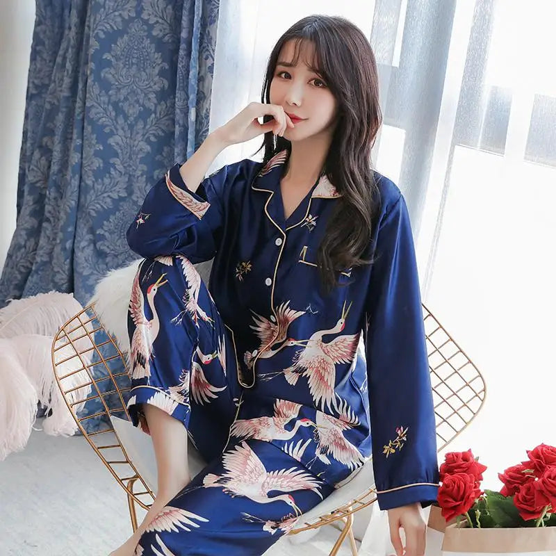 Women Pajamas Set Long Sleeve Tops Trousers Pyjamas 2 Pieces Satin Sleepwear Nightgown Home Clothes Trousers Leisure Comfortable