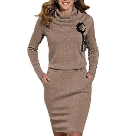Fashion Women Elegant Autumn Dress Long Sleeve Turtleneck Dresses Package Hip Solid Bodycon Vestidos Without Brooch M0431