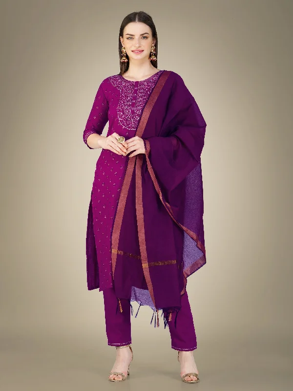 Women's Purple Cotton Magic Slub Embroidery & Sequence Work Kurta With Trouser & Dupatta - Jyoti Fashion Trousers Timeless Classic Women's Purple Cotton Magic Slub Embroidery & Sequence Work Kurta With Trouser & Dupatta - Jyoti Fashion Trousers Timeless Classic