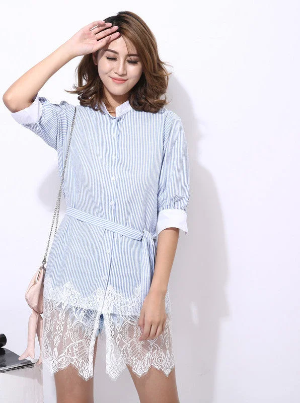 Original Lace Spliced With Sash Lace Up Loose Shirts Button Up Women Striped Dress Refresh Summer