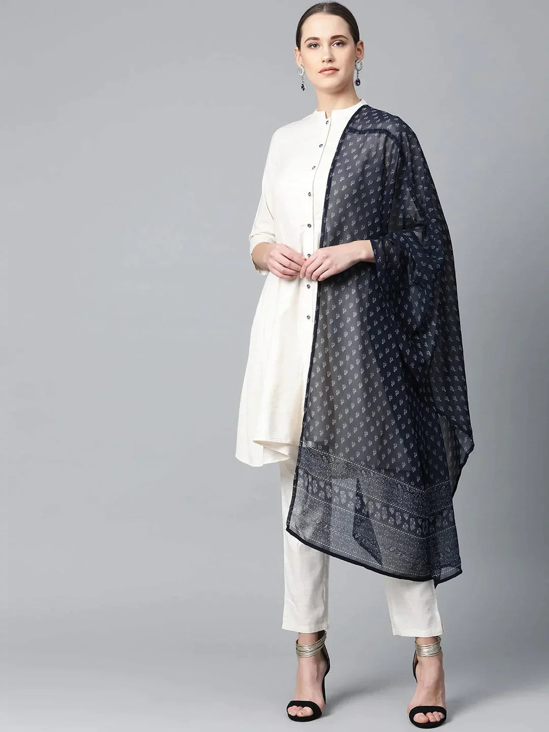 Women Off-White & Navy Blue Solid Kurta With Trousers & Dupatta - Rasiya Trousers stylish modern Women Off-White & Navy Blue Solid Kurta With Trousers & Dupatta - Rasiya Trousers stylish modern