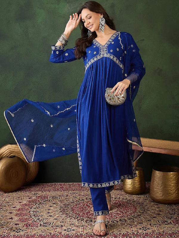 Sangria Embroidered Zari Sequence Kurta & Trouser With Dupatta Trousers Elastic Waist Soft