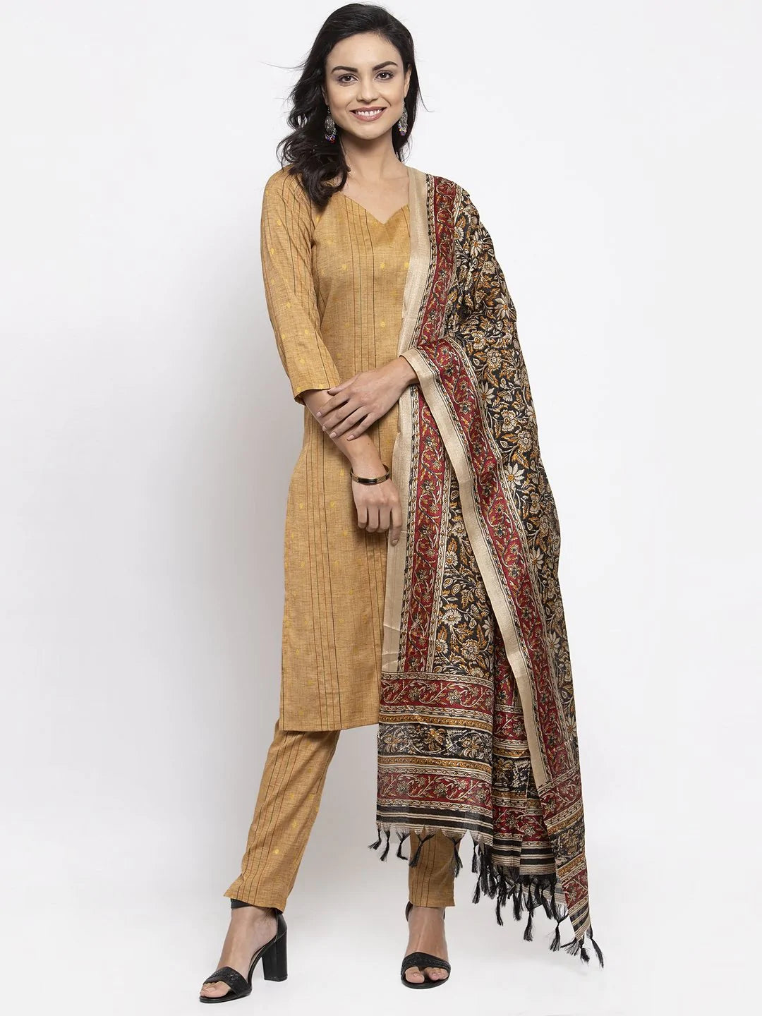 Women Beige & Black Striped Kurta With Trousers & Printed Dupatta - Rasiya Trousers Summer Linen Women Beige & Black Striped Kurta With Trousers & Printed Dupatta - Rasiya Trousers Summer Linen