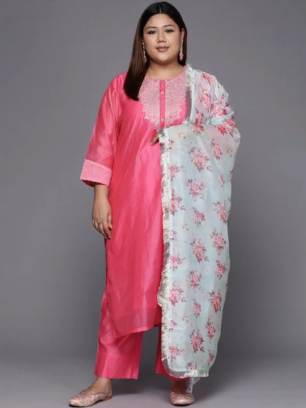 Sztori Plus Size Ethnic Yoke Design Regular Chanderi Silk Kurta & Trousers With Dupatta Trousers Evening Elegant