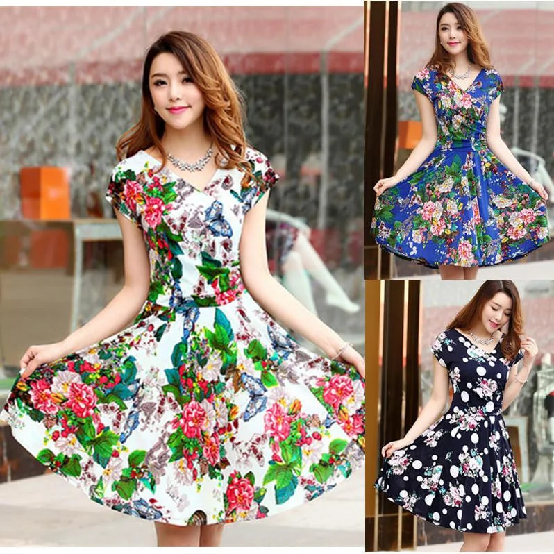 women pleated V-Neck dress waist show thin sand Maxi printed Dresses